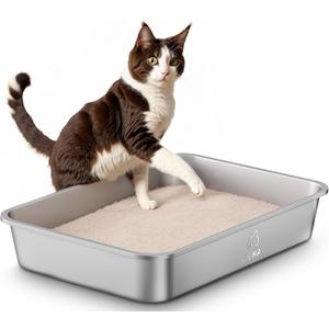 Stainless Steel Litter Box with Handle, Large Metal Cat Litter Box with High Sided for Big and Small Cats, Kitty Litter Boxes, Non-Stick, Easy to Clean, Odor-Free, Cat ToiletLitterbox (19.5"L13.6"W3.9"H)
