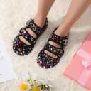 LeIsfIt Womens Slippers Adjustable Diabetic Slippers Wide Soft Arthritis Edema House Shoes Warm Fuzzy Slipper Socks with Rubber Sole (5.5-6.5, Bflower)