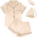 LILLUSORY 4Pcs Women Silk Pajama Set Summer 2025 Satin Pjs 2 Piece Suit Lounge Scrunchies Lady Sleepwear Matching Clothing. Medium