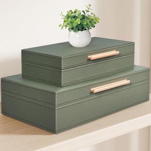 Decorative Boxes with Lids 2-Set, Memory Box for Keepsakes, Saving Space, Beautiful PU Leather Decorative Storage Boxes in Style, Decor Box with Gold Metal Handles, Store Photos, Mothers Day Green