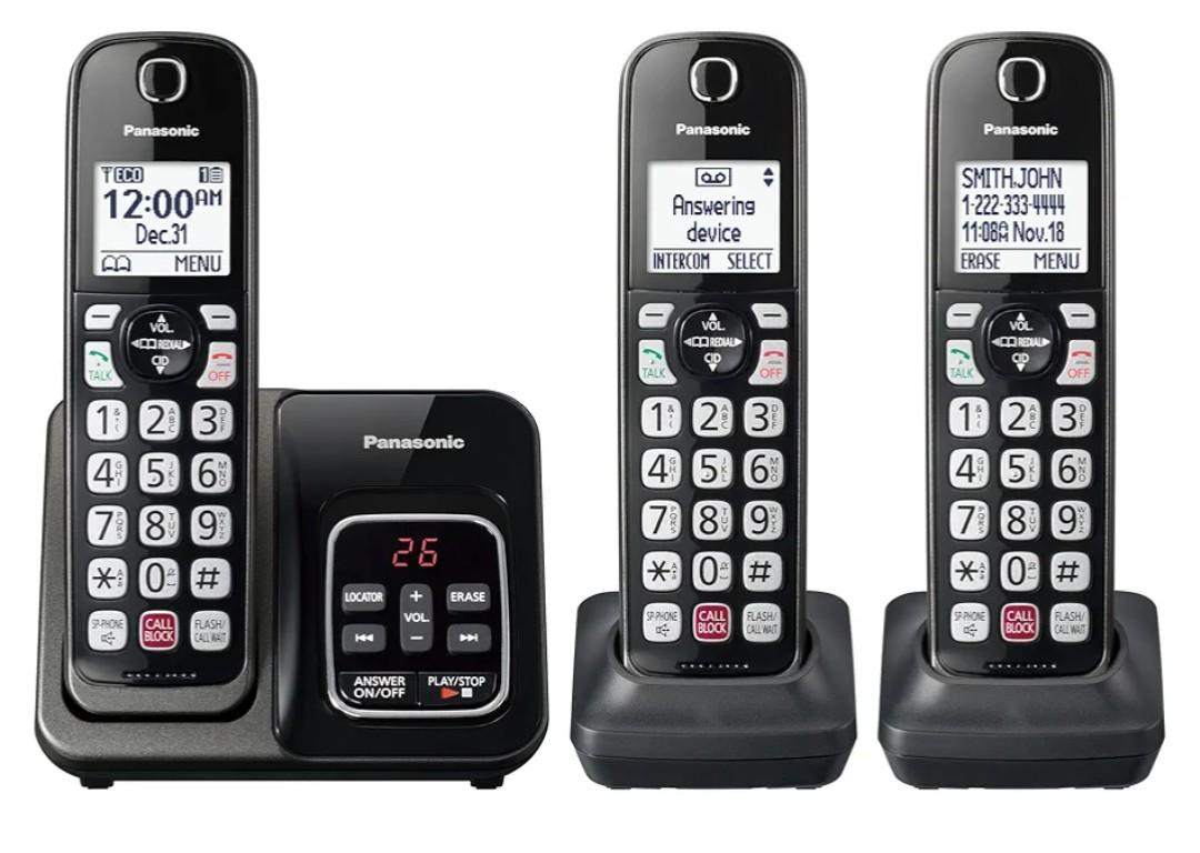 Panasonic Cordless Phone with Answering Machine, Advanced Call Block, Bilingual Caller ID and High-Contrast Display, Expandable System with 3 Handset Cordless Telephones - KX-TGD833M (Metallic Black)
