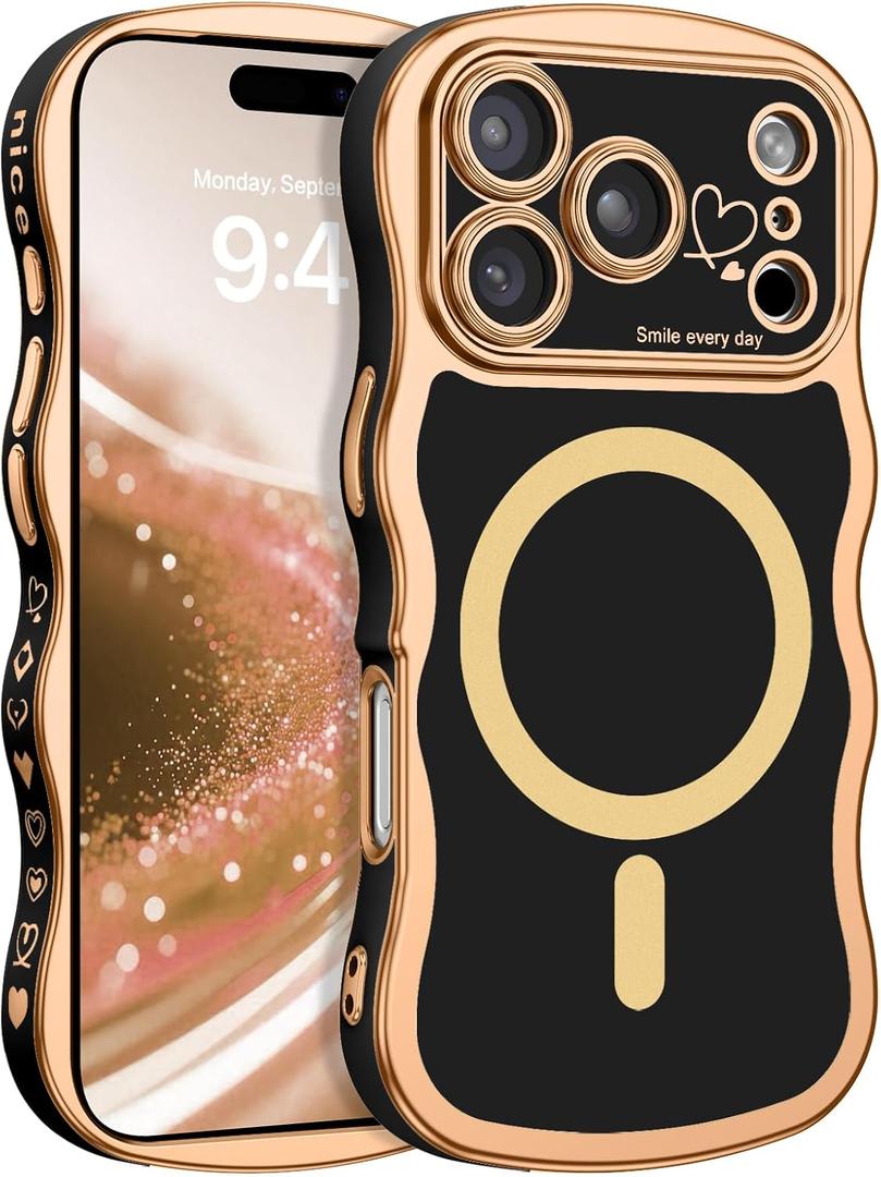 BENTOBEN Magnetic for iPhone 17 Pro Max Case 6.9" 2025, Cute Luxury Curly Wavy Bumper [Compatible with Magsafe] [Full Camera Protection] Slim Shockproof Protective Girls Women Phone Cover, Black/Gold