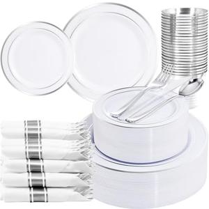 WELLIFE 210 Piece Silver Plastic Dinnerware Set for 30 Guests, Plastic Plates for Party, Include: 30 Dinner Plates, 30 Dessert Plates, 30 Pre Rolled Napkins with Silver Silverware and 30 Silver Cups