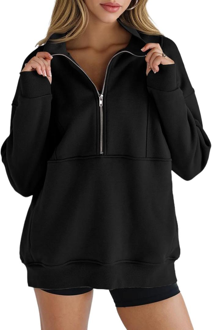 Women's Half Zip Sweatshirts Fleece Stand Collar Long Sleeve Thumb Hole Oversized Pullovers with Pockets, L