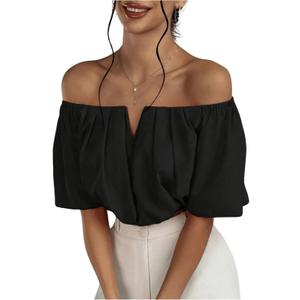 SOLY HUX Women's Off Shoulder Short Sleeve Ruched Crop Tops Blouse (Large, Plain Black)