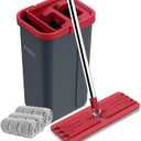 Hands-Free Mop and Bucket Set with 3 Washable Pads, Wet/Dry Floor Cleaning System, Red/Black