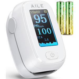 Pulse Oximeter with Fingertip Oxygen Meter : AILE Compact Fingertip Pulse Oximeter - Blood Oxygen/Heart Rate Monitor - 4 Color Screen Display - Including 2AAA Batteries for Athletic & Home (White)