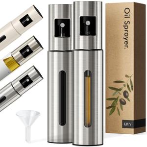 KIVY Glass Oil Sprayer for Cooking Precise Oil & Vinegar Spray Bottle Oil Mister Spray Bottle for Food Includes Funnel Perfect for Cooking & Air Fryer (2x Brushed Stainless Steel)