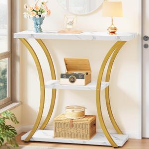 Hoctieon 3 Tier Console Table with Open Wood Shelves, Decorative Entryway Table with Curved Metal Frames, Narrow Sofa Table for Entrance, Living Room, Hallway, Gold and White Marbled