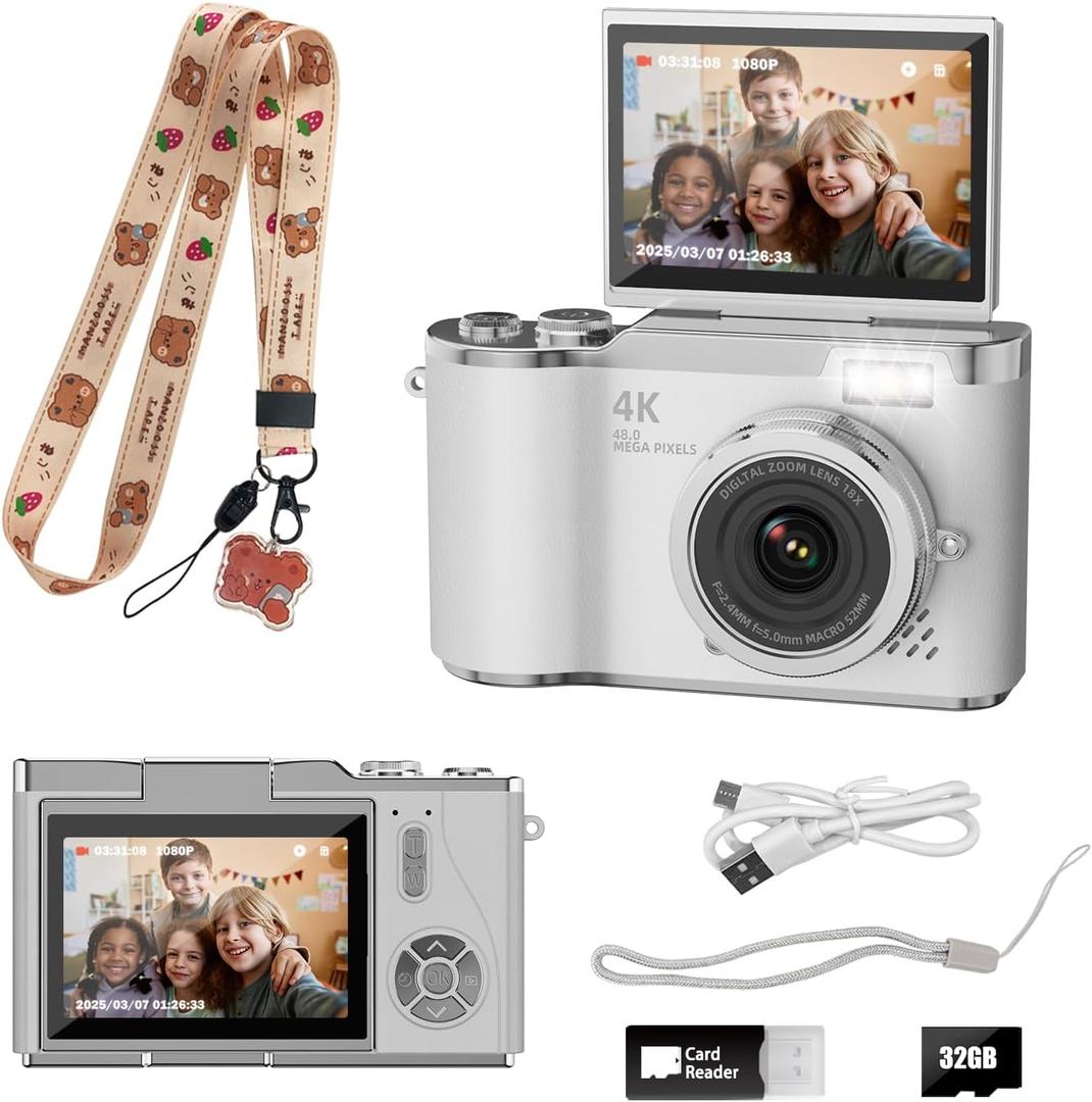 Kids Camera,4K Digital Camera for Photography,48MP 1080P HD Video Selfie Camera,with 180° Flip Screen Flash,with 32GB SD Card,for Starter Kid Children Teen Student Girl Boy(White)