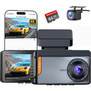 4K Dual Channel Dash Cam Front and Rear, Free 64GB Card Included, 5.8GHz WiFi Dash Camera for Cars, Built-in GPS, G-Sensor, 170Wide Angle, 3" IPS Screen, 24H Parking Mode, Support 512GB Max