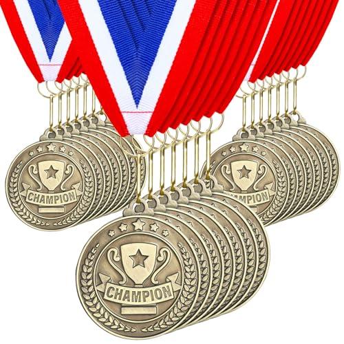 Remuuly 30 Pcs Gold Medals Bulk 2'' Basketball Soccer Baseball Volleyball Football Lacrosse Kickball Cheer Bowling Trophy Medals for Awards for Sports Participation Winner Gift(Gold,Champion)