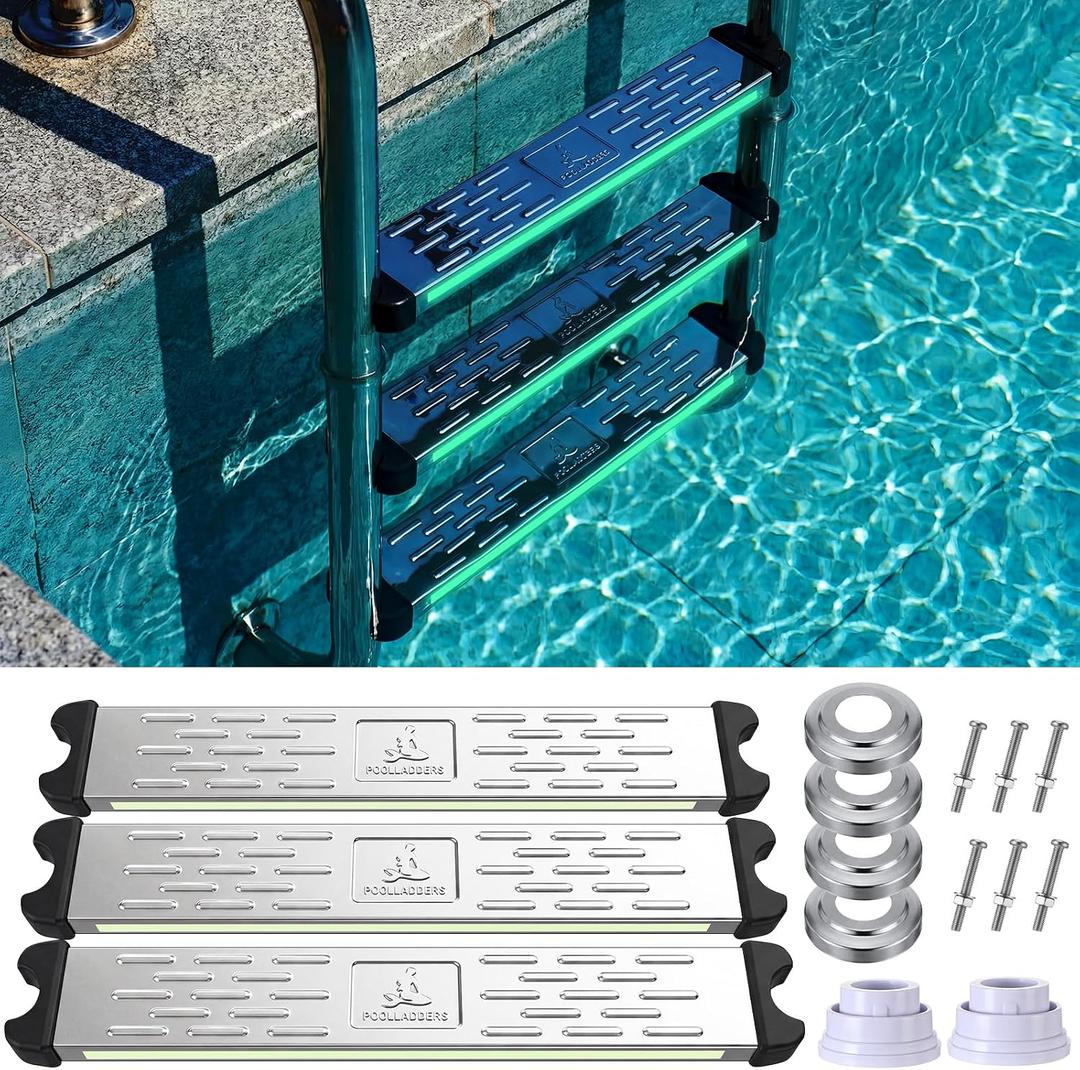 Moxweyeni 3 Pack Stainless Steel Pool Ladder Step Replacement with Bumpers & Escutcheon Plates 18" Swimming Non Slip Ladder Rung Step with Reflective Strips 1.7" Ladders for Inground Aboveground Pool