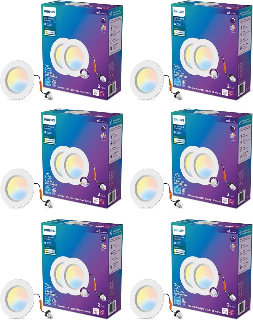 Philips LED Retrofit Downlight, 12 Lights, 5/6-inch, EyeComfort, Easy to Install, 5 CCT Settings, Soft White Light to Daylight, Dimmable, IC Rated, Long Lifetime, CRI 90