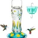 Kingsyard Glass Hummingbird Feeders for Outdoors Hanging, 25 oz Leak Proof Hummingbird Feeder with Ant Moat & 6 Bee Proof Feeding Ports, Turquoise