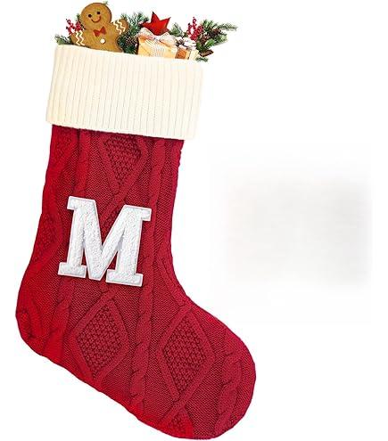 Christmas Stockings with Initials,20 Inches Large Knit Embroidered Letter Red White Christmas Stocking,Monogram Christmas Stocking for Famliy Holiday and Xmas Tree Fireplace (Letter M)