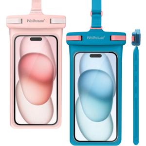 wellhouse Waterproof Phone Pouch, Waterproof Phone Case for iPhone 17 16 15 14 13 Pro Max XS Samsung, IPX8 3D Cellphone Dry Bag Beach Essentials (2 Pack - Blue & Pink7.0, 7 inch)