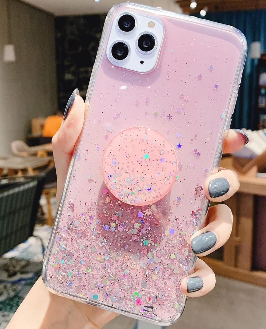 for iPhone 15 Case Glitter Women Girls with Ring Kickstand Sparkle Bling Cute Cases Slim Soft Phone Protective Shell Phone Cover for iPhone 15 Case 6.1 inch (Pink)