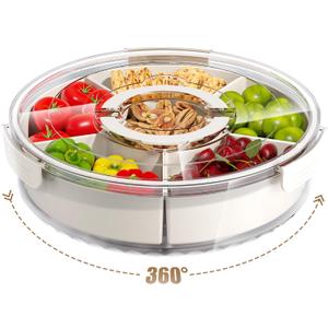 Divided Serving Tray with Lid and Handle,Large Snack Spinner,Snackle Box Container, Multi-purpose Food Platter for Charcuterie Veggie Fruit, Taco Tuesday Movie Night Travel Beach Picnic Essentials (11.4", White)