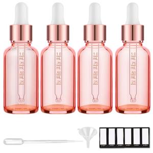 PrettyCare 4 Pack 1oz Dropper Bottles for Essential Oils with Labels, Funnel & Measured Pipettes, 30 ml Leak Proof Rose Glass Essential Oils Bottles- Empty Tincture Bottles for Personal Care & Beauty