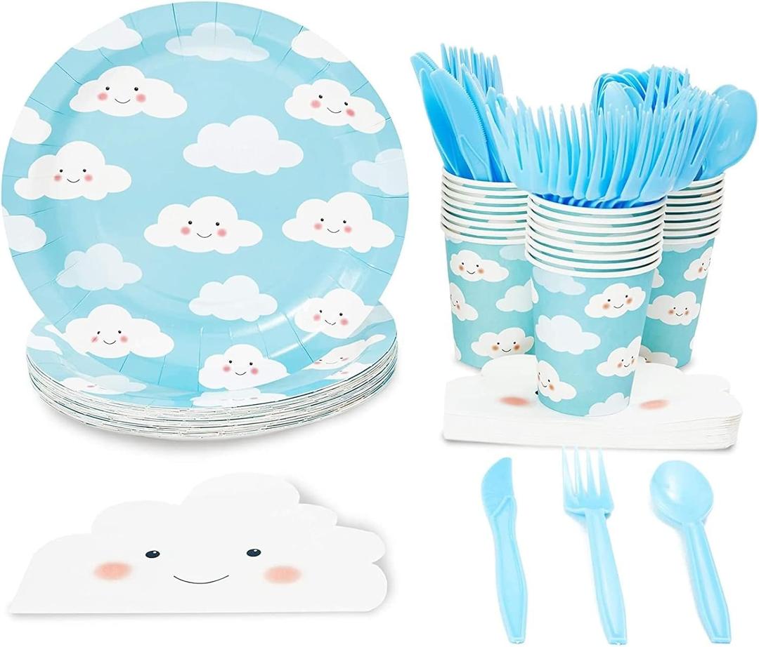Juvale Disposable Dinnerware Set - Serves 24 - Cute Clouds Design, Kids Birthday, Baby Shower Parties, Includes Plastic Knives, Spoons, Forks, Paper Plates, Die-Cut Cloud Napkins, Cups, Sky Blue