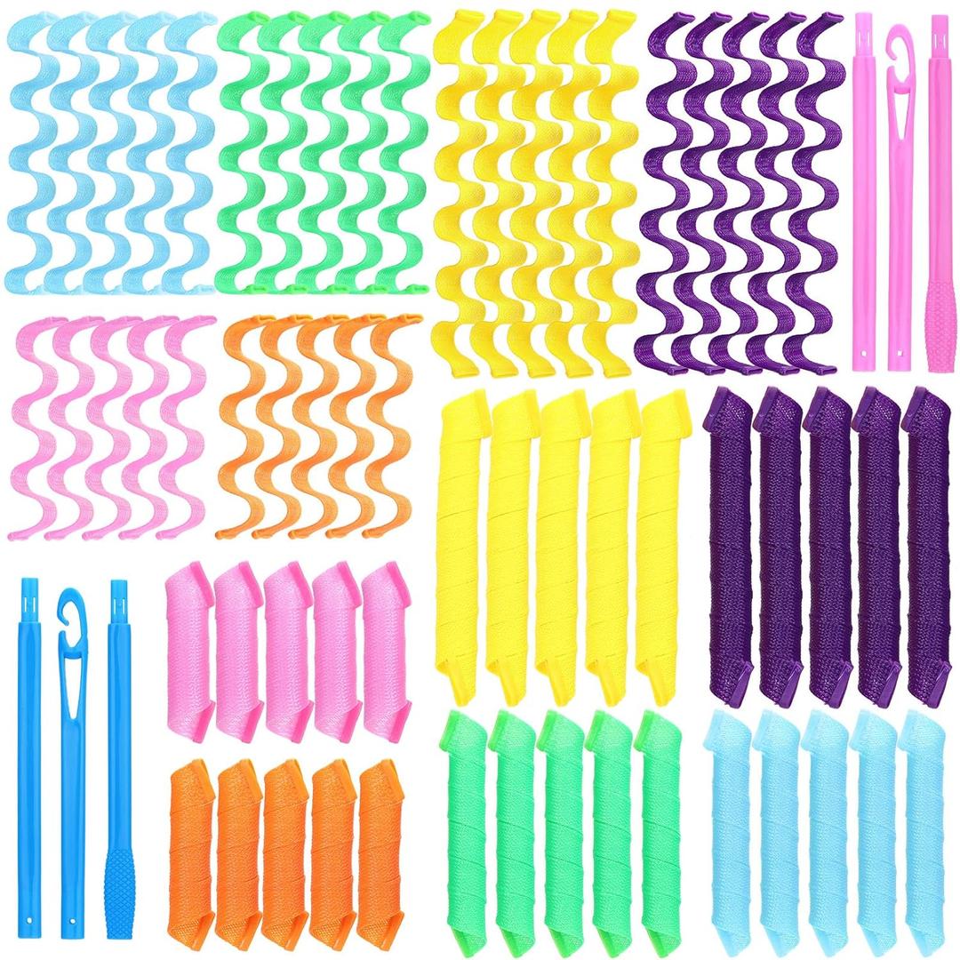 60 Pcs No Heat Hair Curlers Rollers Spiral Curls Styling Kit Two Styles Heatless Curlers No Heat Wave Curlers DIY Wave Style Hair Rollers for Women Kids Long Hair with 2 Pcs Styling Hooks, 3 Sizes