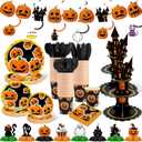 257 Pcs Halloween Party Decorations Include Disposable Paper Party Plates and Cups and Napkins Set Saucer Cupcake Stand Centerpiece Bunting Banner Halloween Tableware Birthday Decoration