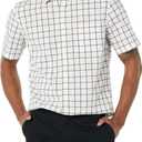 Amazon Essentials Men's Short Sleeve Dress Shirt with Stretch, Charcoal White Vertical Stripe (Pink White Buffalo Plaid), Small