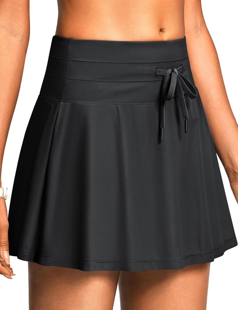 Women's High Waisted 15'' Swim Skirts Tummy Control Bathing Suit Skirt Bottoms Swimsuit with Liner Pockets (Black, XL)