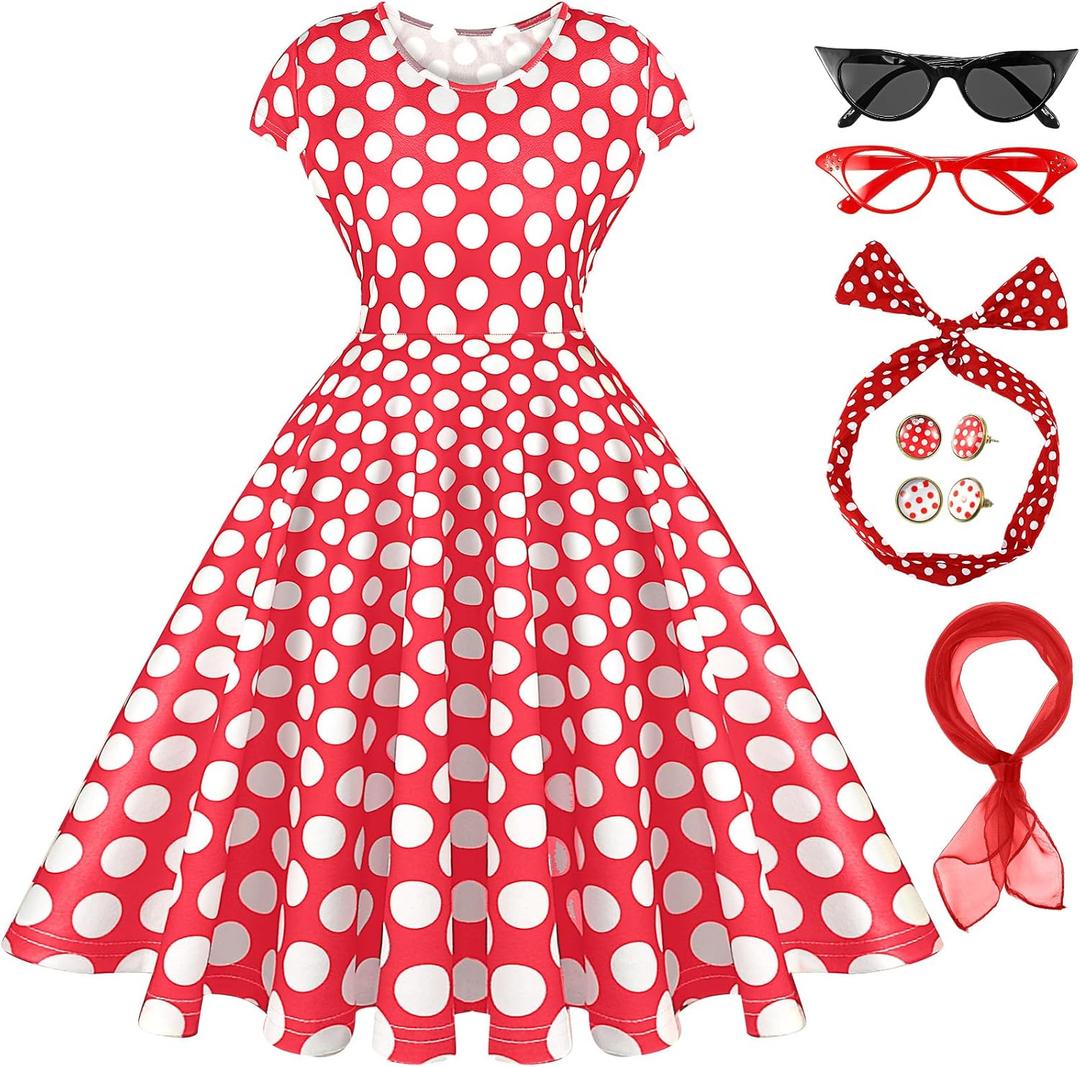 JenPen 7 Pcs Tea Party Dresses Vintage Polka Dot Cocktail Dress 1950s Accessories for Women Ladies Party Attire(XL)
