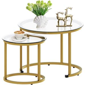 aboxoo Gold Nesting Coffee Table Set of 2, Small Glass Round Nesting Tables for Living Room Bedroom, Accent Tea Table with Metal Frame Modern Industrial Simple, 23.6D x 23.6W x 17.7H in