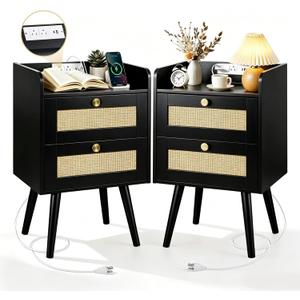 Rattan Nightstands Set of 2, Boho Bedside Table with 2 Drawers, 15.7 x 11.8 x 25 inches
