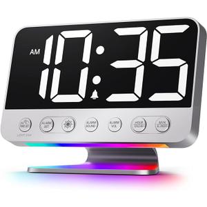 Digital Alarm Clocks for Bedrooms: Large Bold Number 5 Brightness Dimmer - Easy to Read Across The Room - 5 Alarm Sound 8 Night Light - Silver