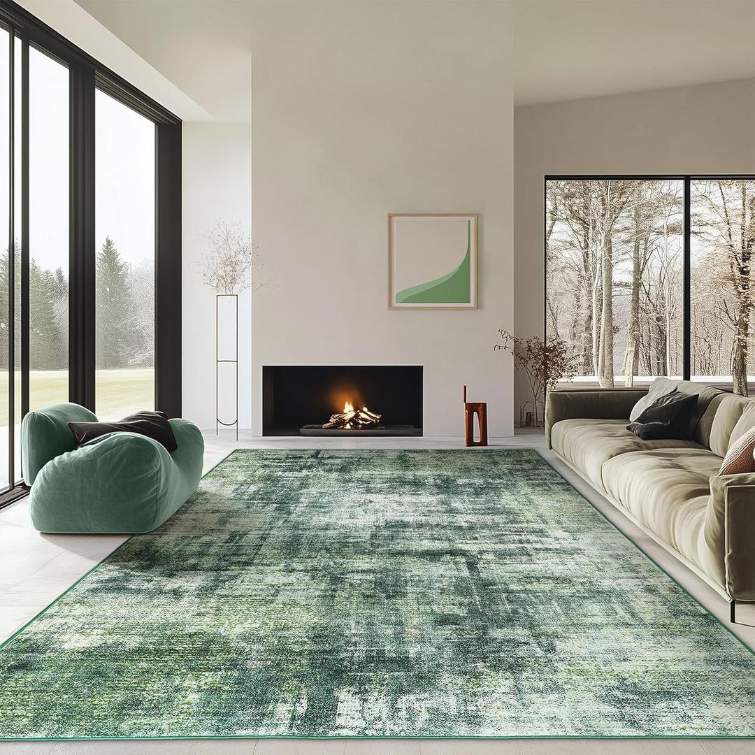 8x10 Rugs for Living Room, Large Green Carpet Modern Abstract Area Rug Machine Washable Soft Anti-Skid Non-Shedding Floor Carpet for Dining Room Home Office Decor