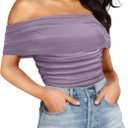 SAUNGKUAI Women's Short Sleeve Bodysuit Off the Shoulder Mesh Ruched One Piece Body Suits Summer Outfits (X-Large, Purple)
