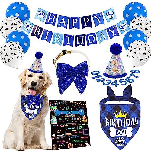 Dog Birthday Bandanas - Paw Balloons, Banner & Outfit Hat for Dog Birthday Decorations