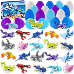 20pcs Prefilled with Easters Eggs Building Blocks, Marine Animals Building Gifts Toys for Kids Easters Basket Stuffers for Boy Girl School Classroom Prizes Hunt Supplies Party Favors