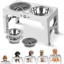Elevated Dog Bowls, Dog Feeder with 2 Stainless Steel Dishes &1 Slow Feeder Bowl, 5 Heights Adjustable Raised Stand for Medium Large, Food Dishes with Non-Slip Feet (White)