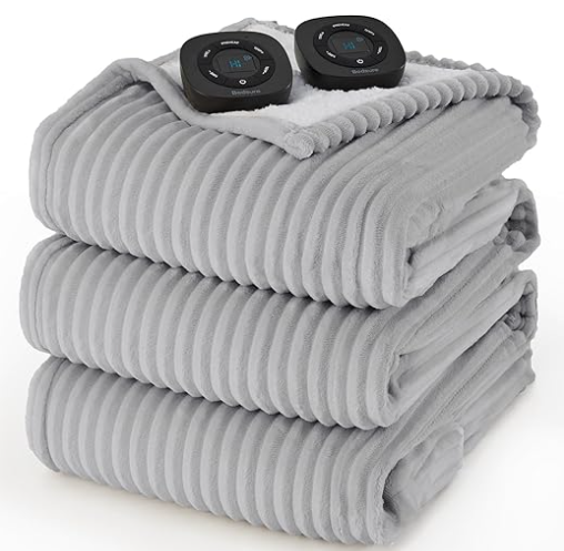 Bedsure GentleSoft Electric Blanket King Size  Soft Ribbed Flannel Heated Blanket with Dual Control, Heating with 10 Heat Settings & 10 Time Settings, 8 hrs Timer Auto Shut Off (90"x100", Light Grey)