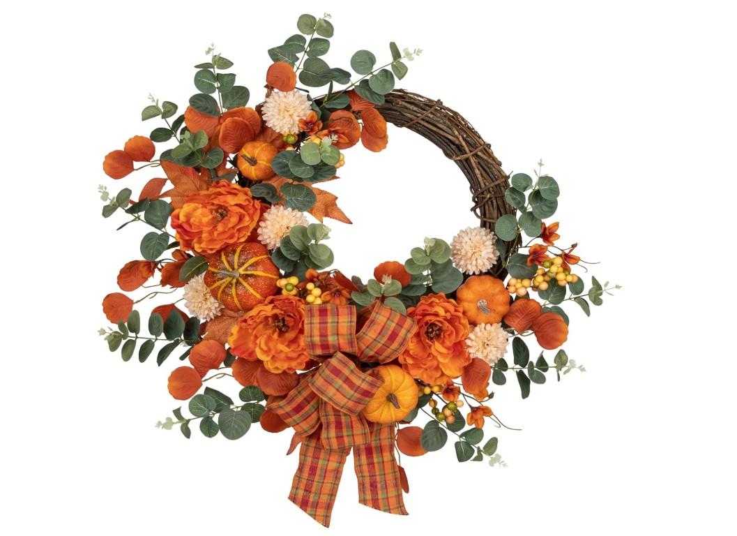 Oairse 60cm/24inch Artificial Fall Half Wreath for Front Door Autumn Wreath with Pumpkin Peony Eucalyptus Chrysanthemum and Ribbon for Halloween Thanksgiving Indoor Outdoor Farmhouse Window Wall Décor