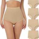 wirarpa Women's Underwear Cotton Super High Waisted Briefs Stretch Full Coverage Panties 4 Pack (Beige, XXL)