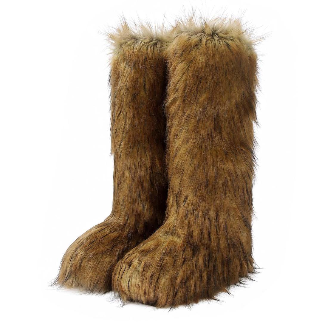 ZJGZF Brown Faux Fur Boots for Women Fuzzy Fluffy Furry Boots Winter Snow Boot Tall Cute Comfort Warm Shoes Soft Wide Calf Knee High Boot 42