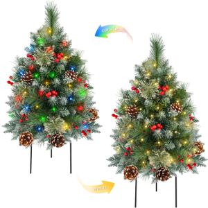 2 Pack Pre-lit Christmas Tree, Battery Operated with Timer, Multi-Color & Warm White Changing LED Lights, 27 inch Artificial Christmas Tree for Outdoor Porch, Urn Filler, Home Xmas Decorations (Green With Snow)