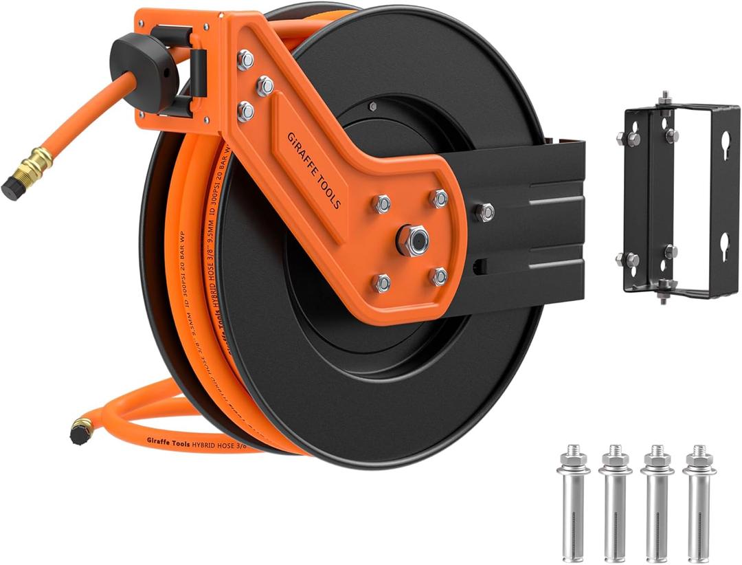 Giraffe Tools TA15 Retractable Air Hose Reel Swivel 3/8" x 50 ft Hybrid Hose, Max 300 PSI, Ceiling/Wall Mounted Heavy Duty Industrial Commercial Air Compressor Hose Reel, 50ft, Tangelo (50 FT with Bracket)