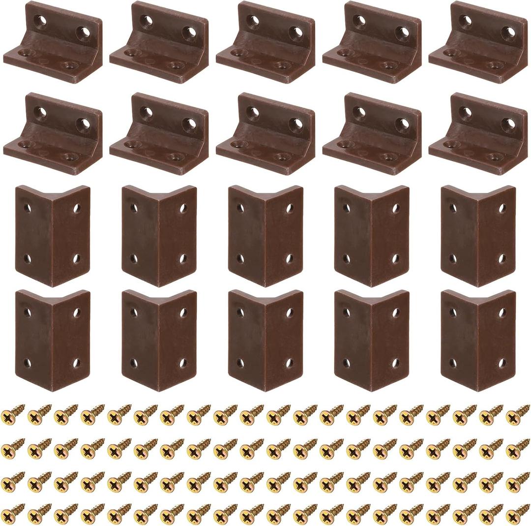 uxcell 50Pcs 90 Degree Plastic Corner Braces, 38x22x22mm Nylon Shelf Right Angle Brackets with Screws for Cabinets, Cupboards (Brown)