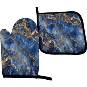 Perinsto Blue Gold Marble Print Oven Mitts & Pot Holders Kitchen Set Heat Resistant Decorative Cooking Gloves Microwave Oven Gloves for Baking Grilling BBQ