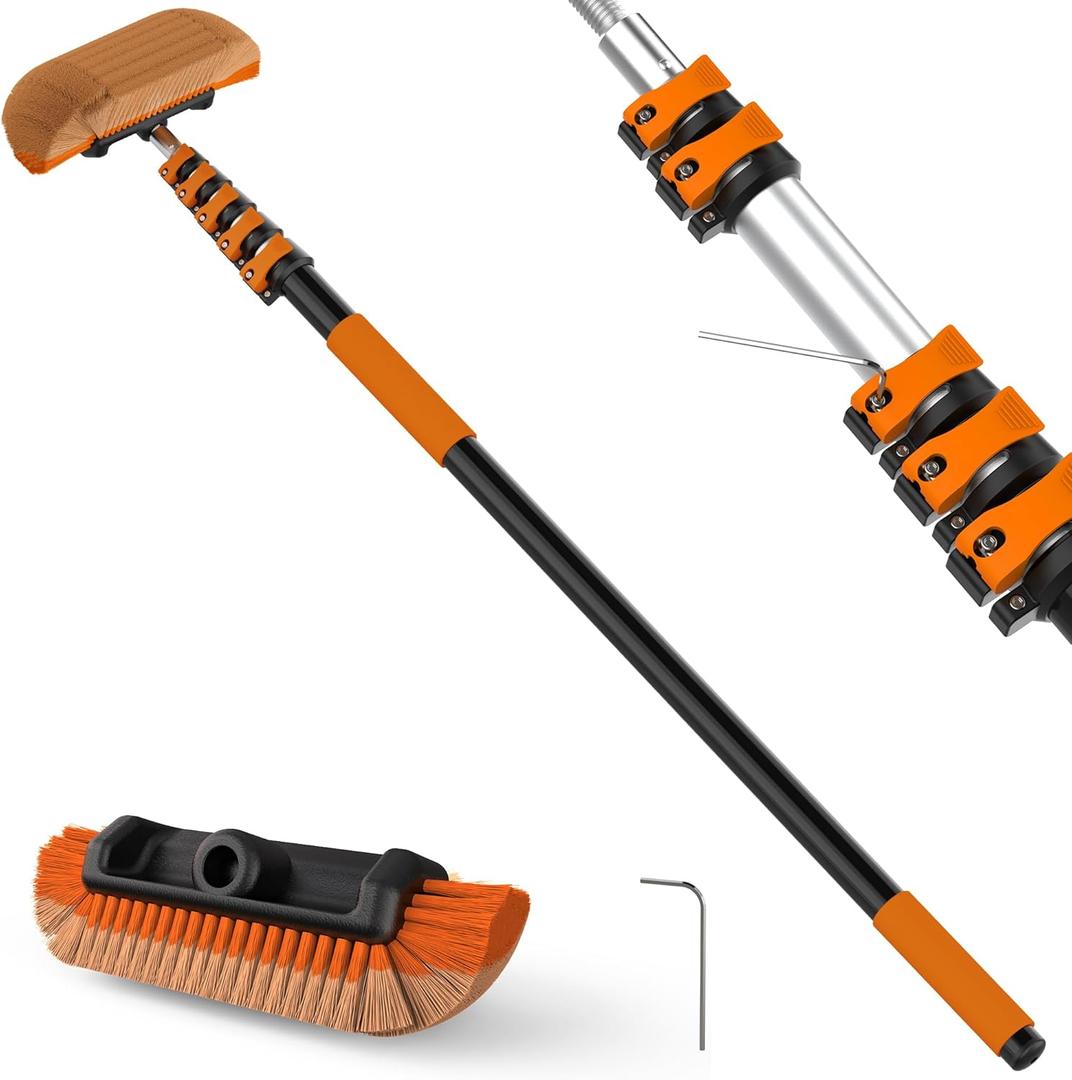 Car Wash Brush with Handle, 3-12 FT Telescopic Extension Pole, Upgraded Flip-Lock & Screw Dual Locking Design for Car, RV, Truck, Boat and Solar Panel Cleaning