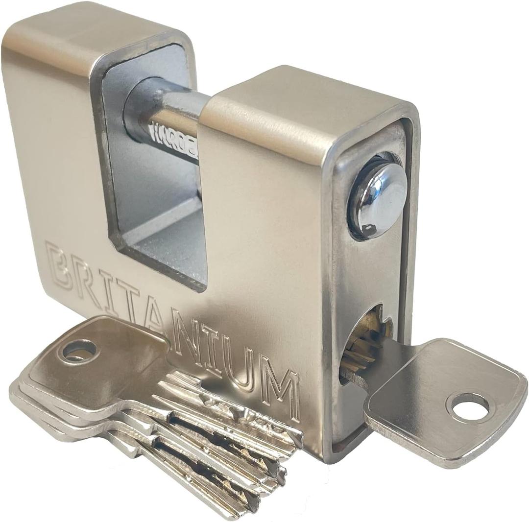 Britanium BRP74 [Armoured] High Security Padlock - [Anti Drill Cylinder] - Heavy Duty Lock for Storage Unit with 0.67 Shackle Clearance, Motorbike, Shed & Garage Silver