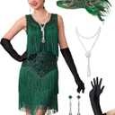 1920s Flapper Dresses for Women, Lace V-Neck Great Gatsby Costumes with Fringe (X-Large, Green)