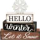 4 Pcs Winter Snowflake Wooden Table Block Sign Christmas Tiered Tray Decor Hello Winter Wood Tabletop Centerpiece Let it Snow Rustic Farmhouse Table Decorations for Xmas Holiday Home Shelf Party Decor